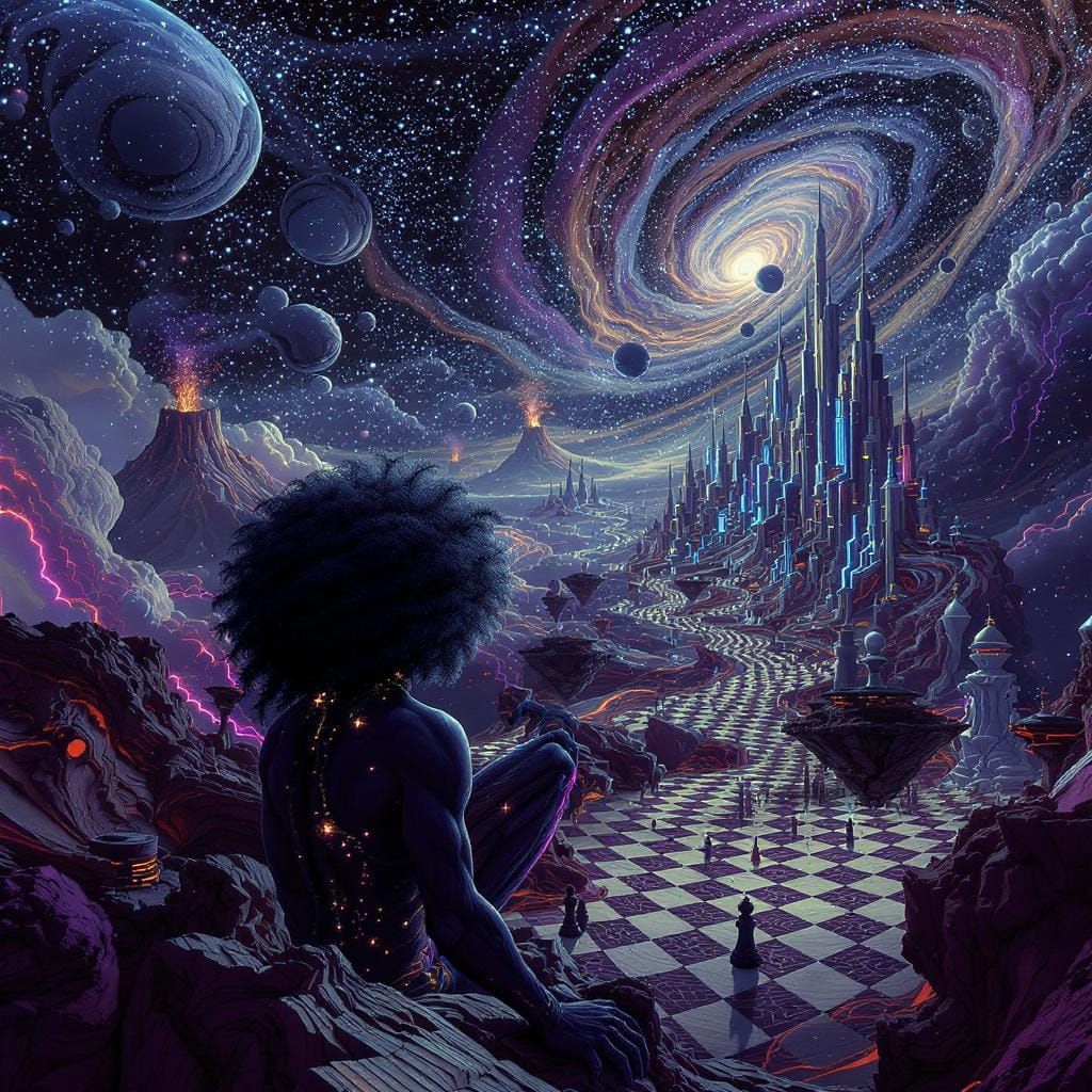 Mystical Creature Gazes Upon Fractal Cityscape