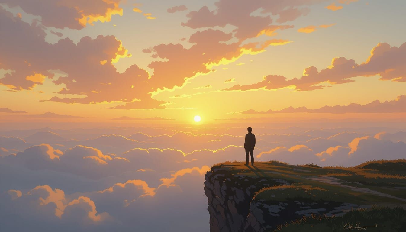 Man on Cliff at Dawn, Golden Light Breaking Through Clouds