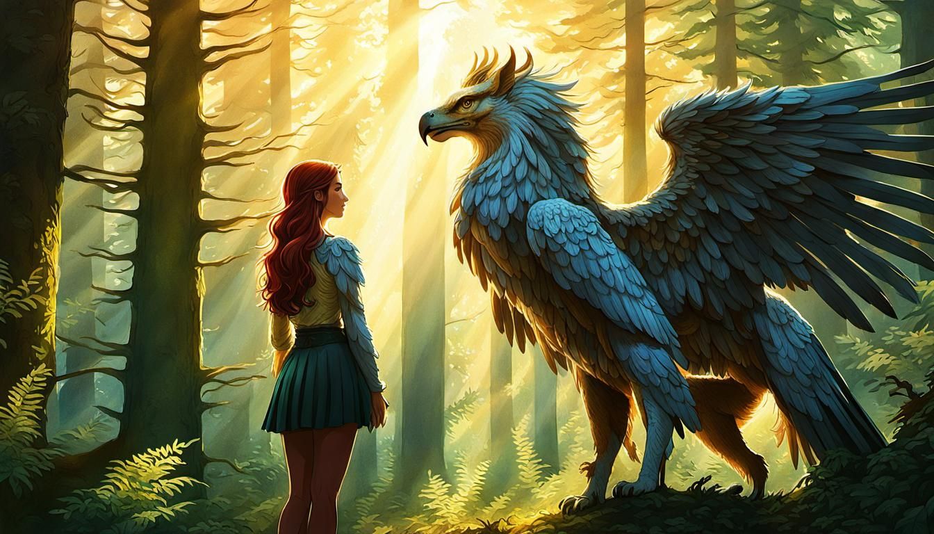 Girl and Griffin in Sunlit Fantasy Forest
