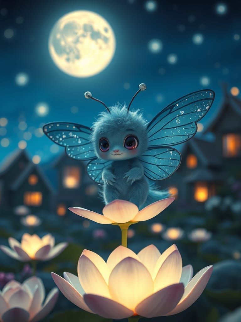 Enchanting Blue Creature in Magical Moonlight Garden