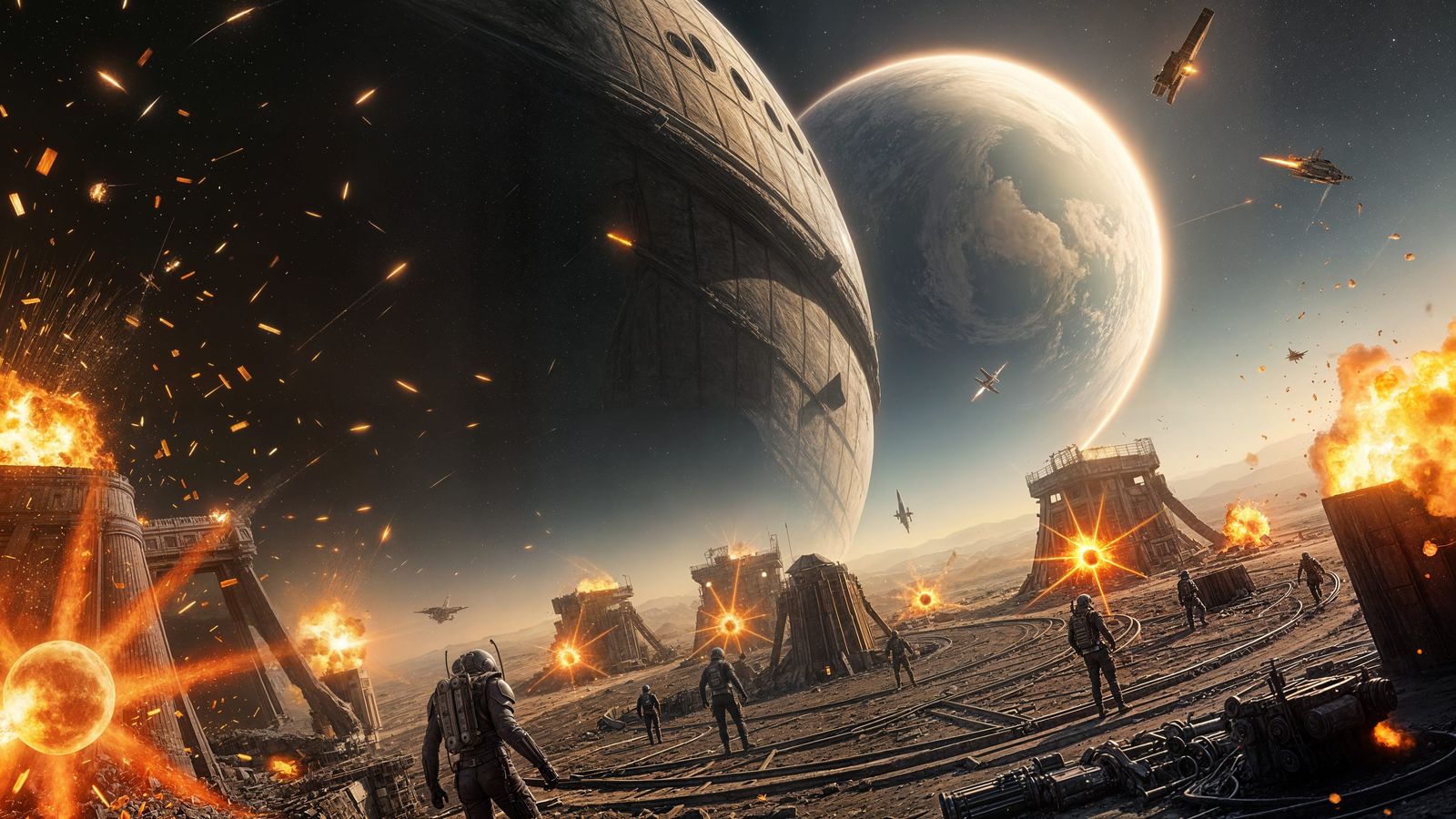 Gigantic Damaged Space Station Engulfed in Flames and Battle