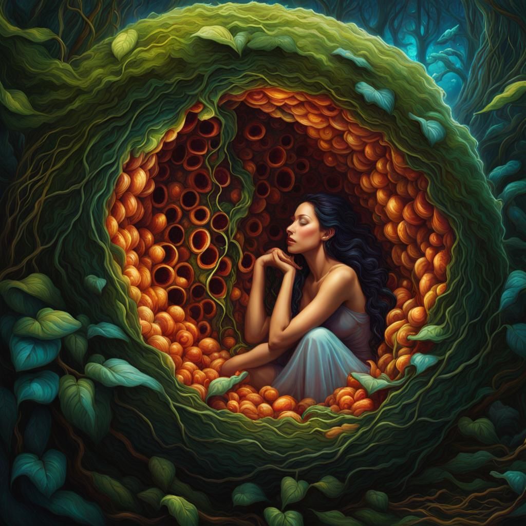 Woman Asleep in Magical Organic Cocoon