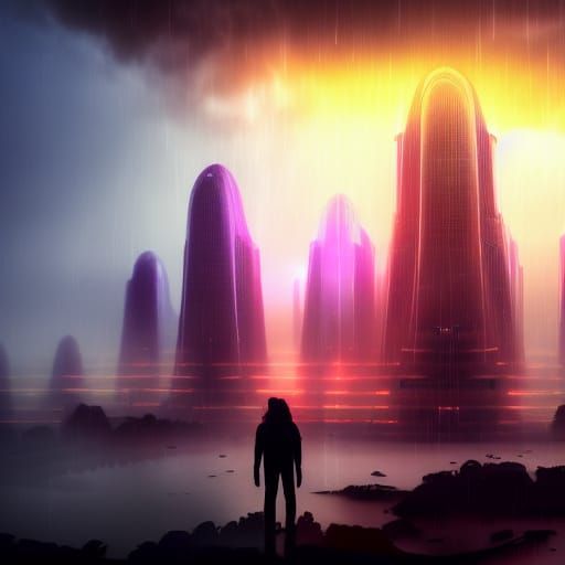 Dystopian Megacity in Rainy Cyberpunk Sunset