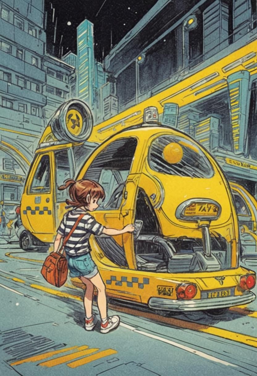 Girl Enters Futuristic Taxi in Anime Style