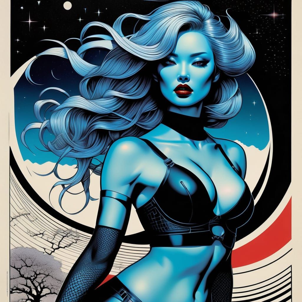 Schematic Woman in Space: Synthwave Ukiyo-e Style