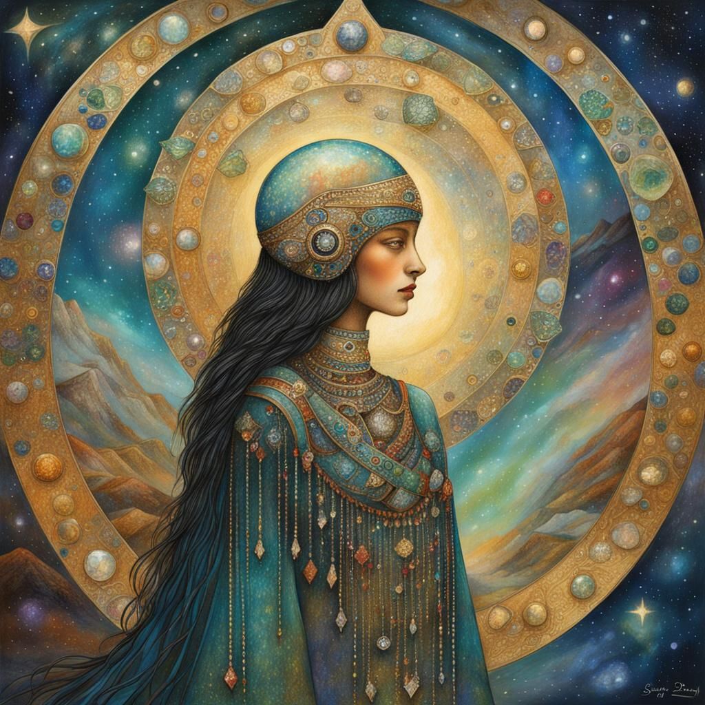 Celestial Eagle-Woman in Bejeweled Oasis: Art Nouveau