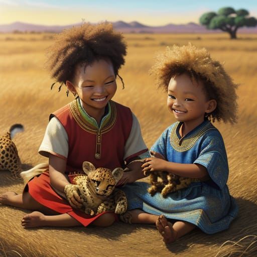 Khoisan Children Play with Baby Cheetah in Vibrant African L...