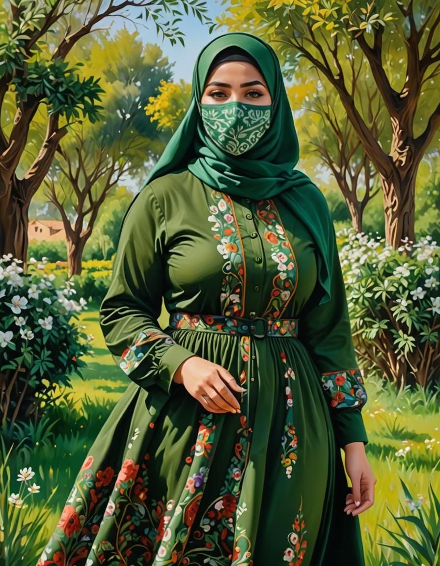 Middle Eastern Woman in Hijab, Oil Gouache Painting