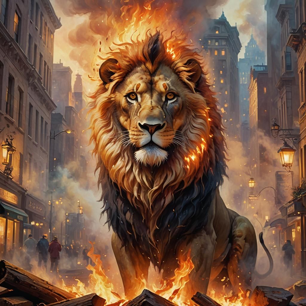 Fiery Lion Emerges in Ethereal Cityscape