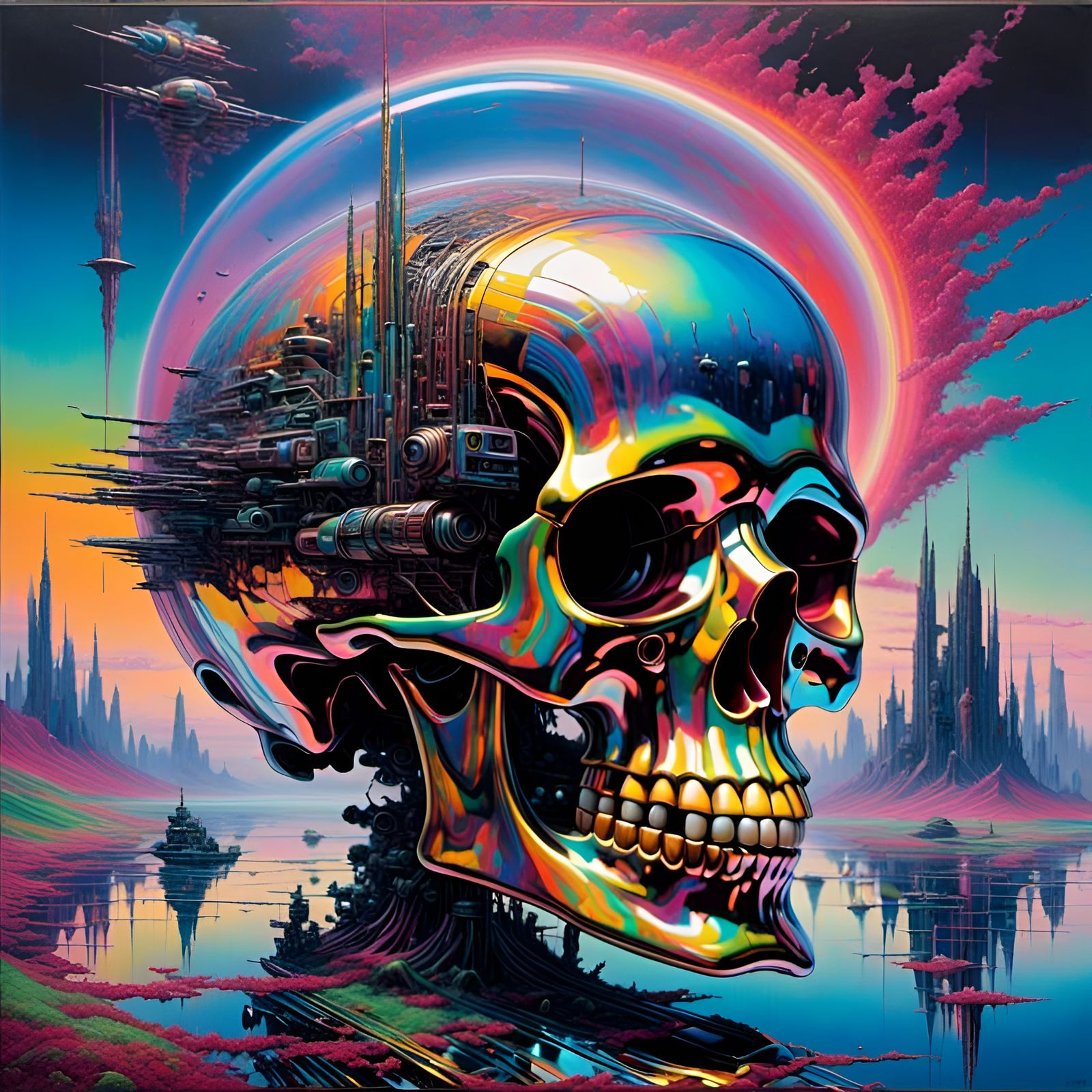 Iridescent Space Skull in Synthwave Oil Painting
