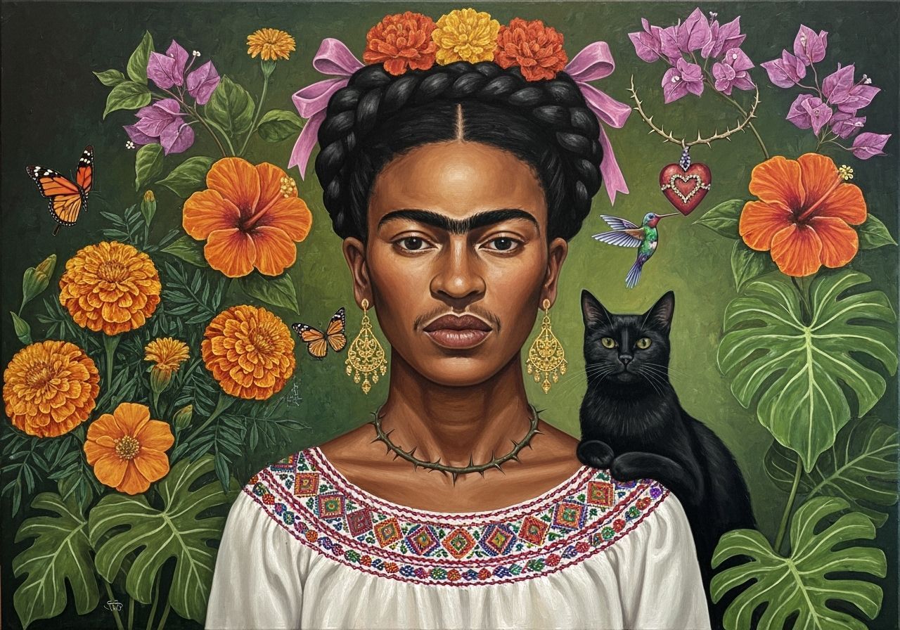 Dignified Black Woman in Vibrant Floral Setting, Folkloric S...