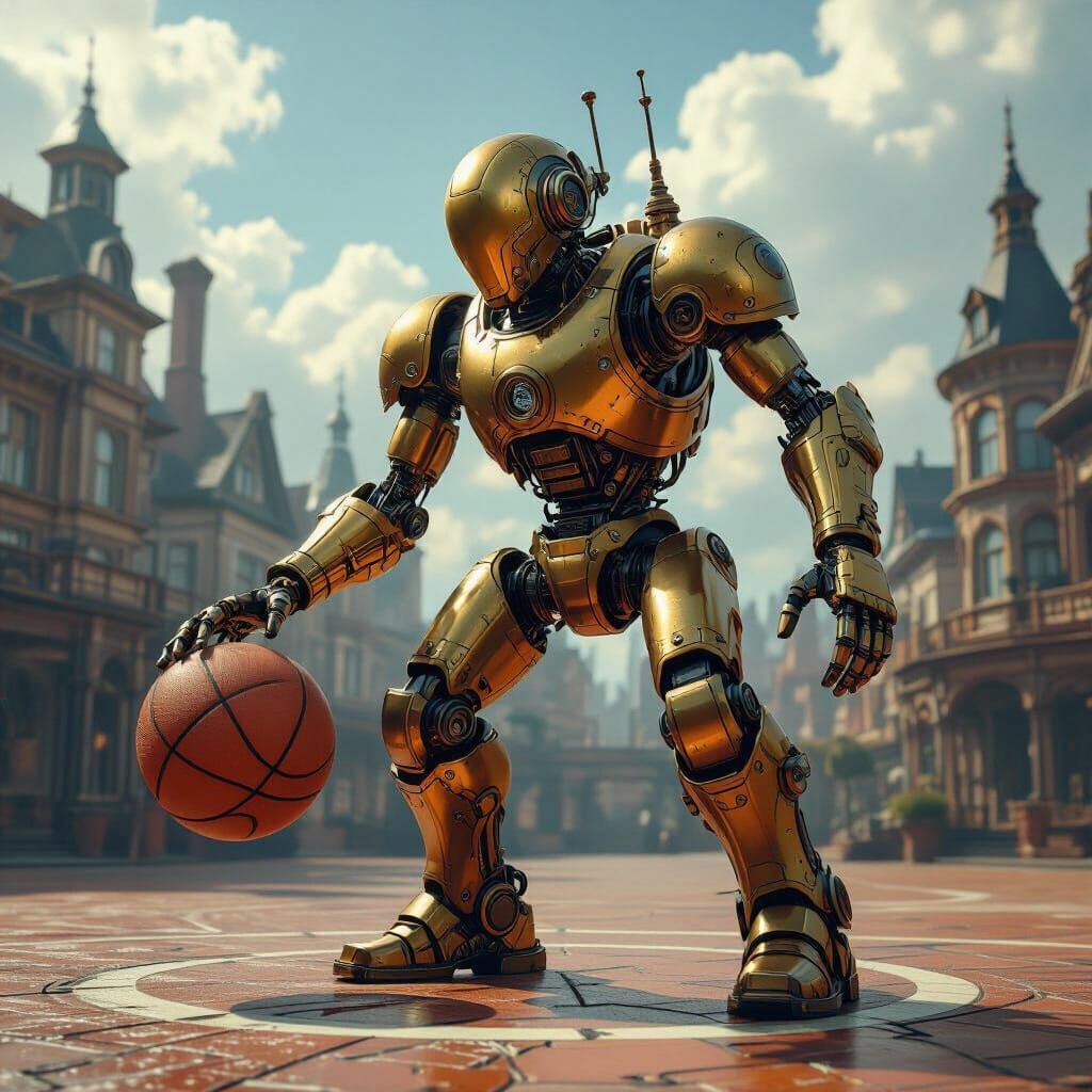 Steampunk Robot Plays Basketball on Gear Court