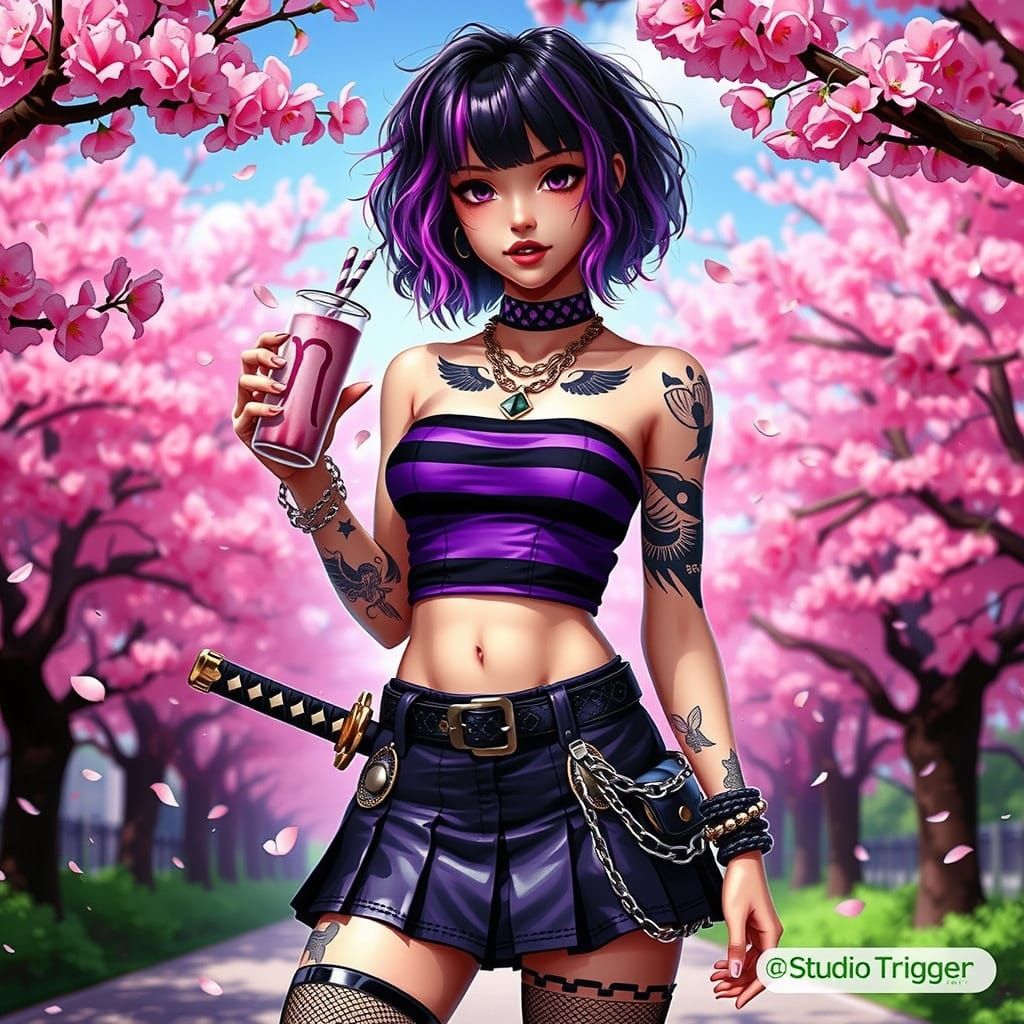 Emo Girl in Vibrant Sakura Scene with Anime-Inspired Art Sty...