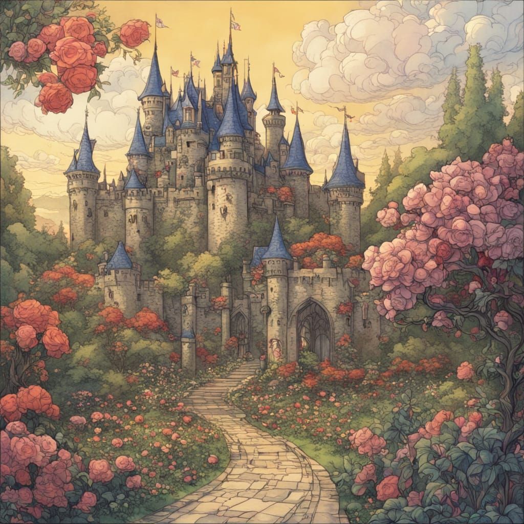Fantasy Castle Amidst Rose Garden in Saturated Colors