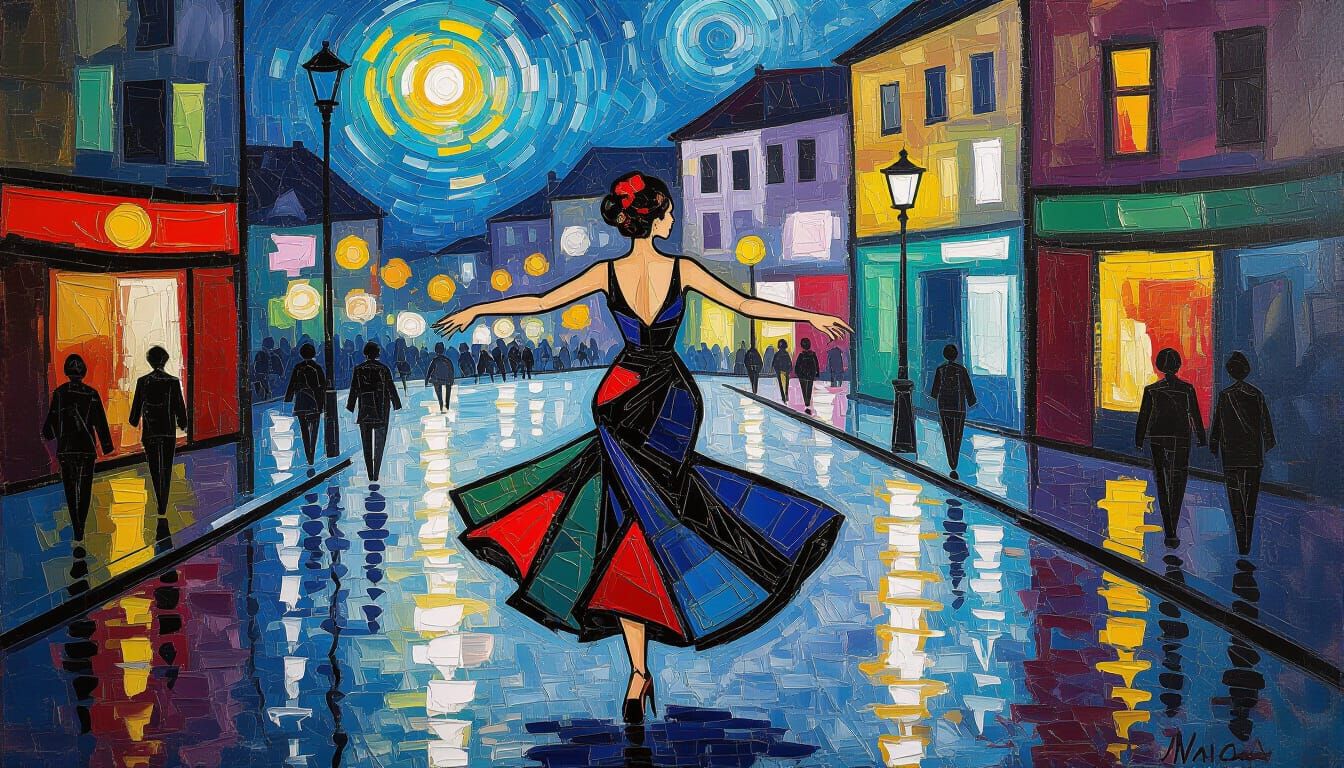 Woman Dancing in City, Neo-Impressionist Painting
