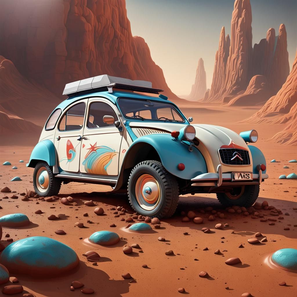 Citroen 2CV on Mars in Hyperrealistic Style