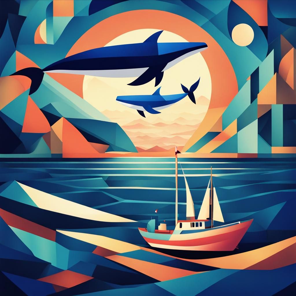Whale Breaching at Night: A Cubist Art Deco Scene