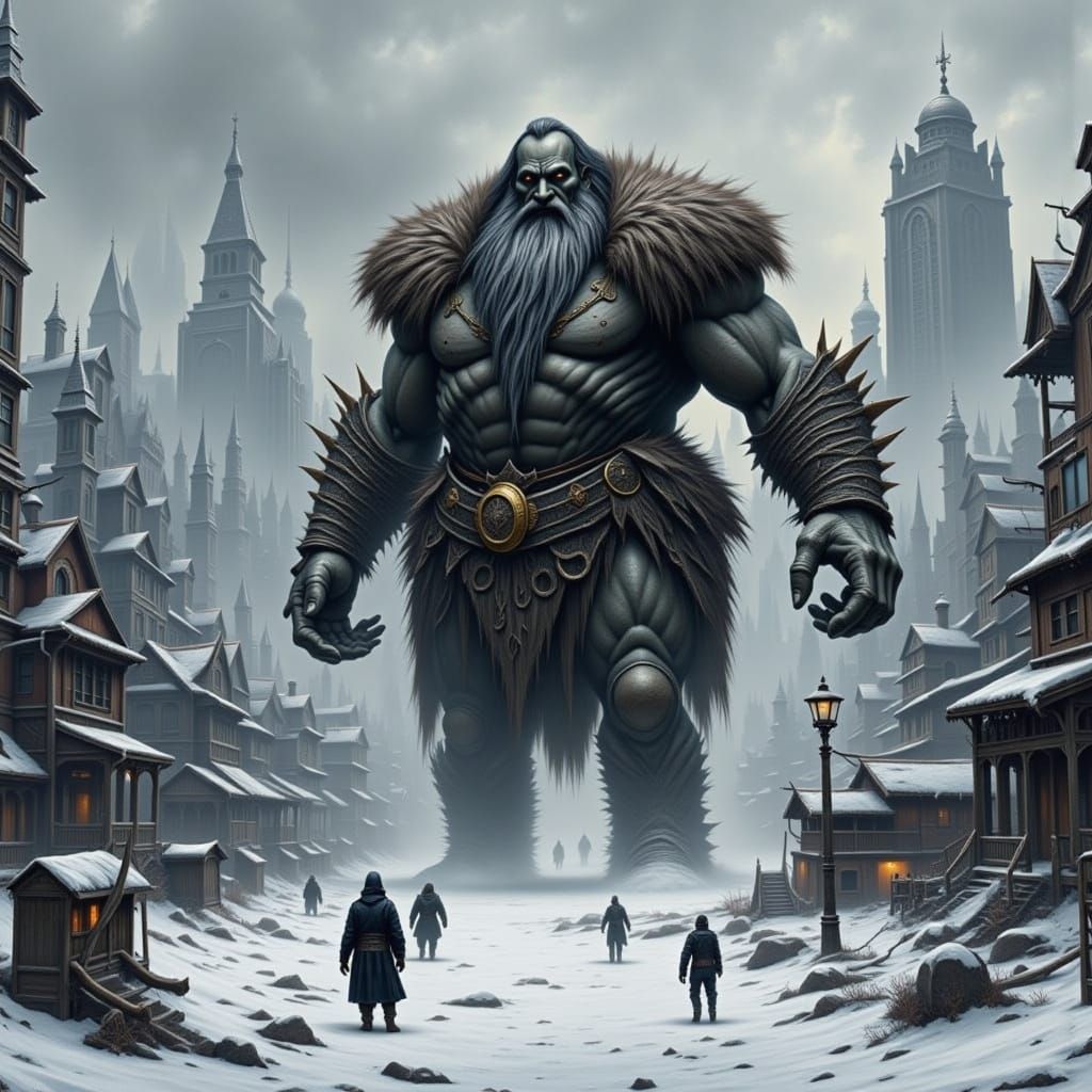 Giant Attacks Dystopian City in Winter, Impasto Style