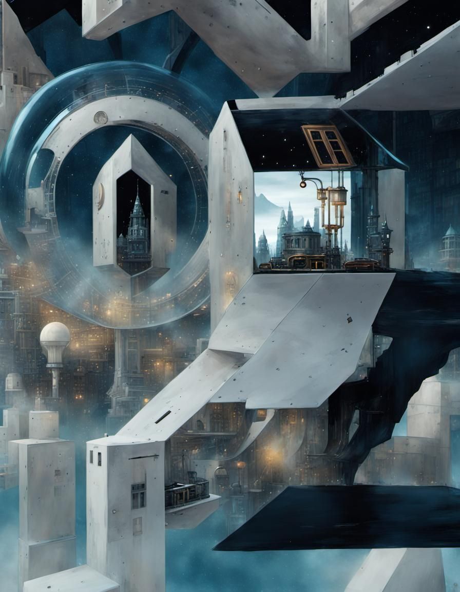 Futuristic Glass City in Steampunk Mondrian Style