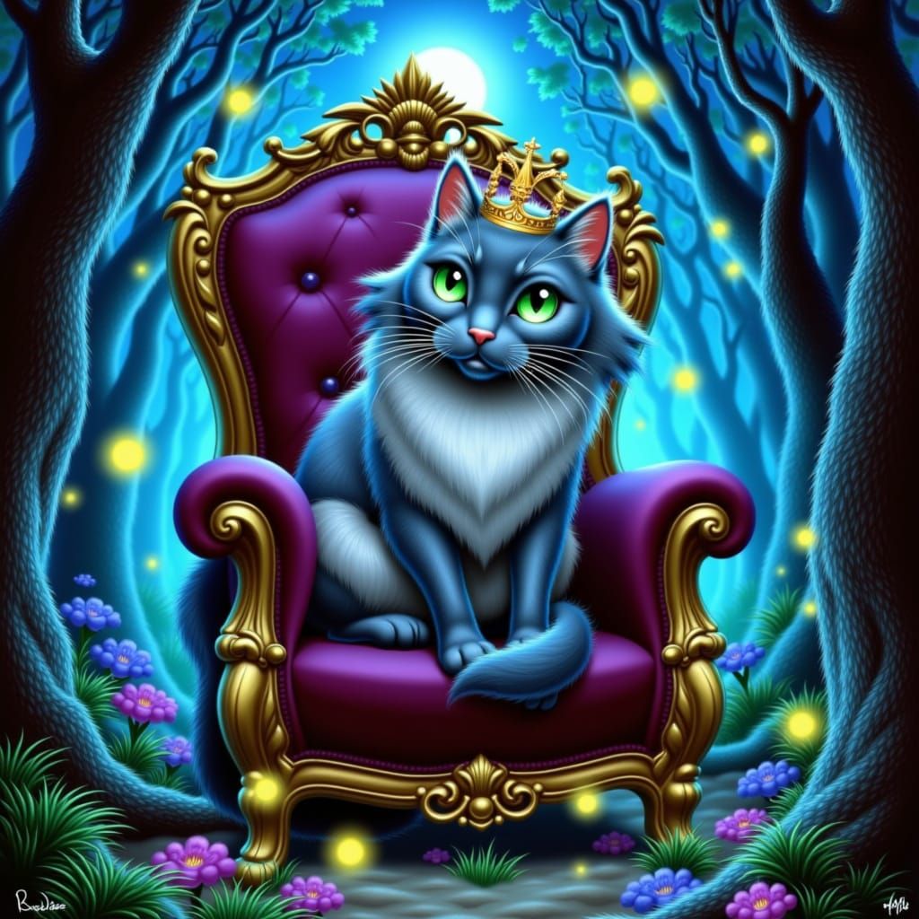 Regal Siamese Cat on Velvet Throne in Moonlit Forest