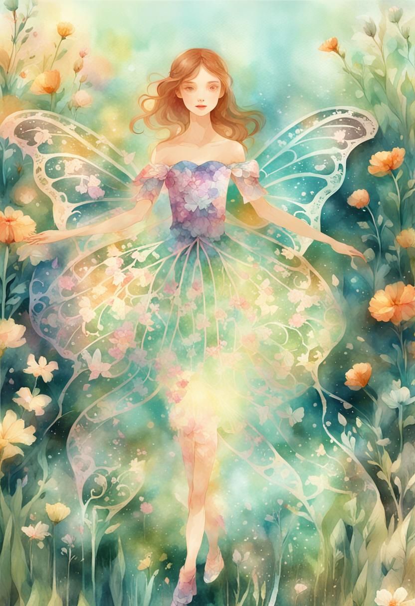 Girl in Butterfly Dress: Art Nouveau Digital Art