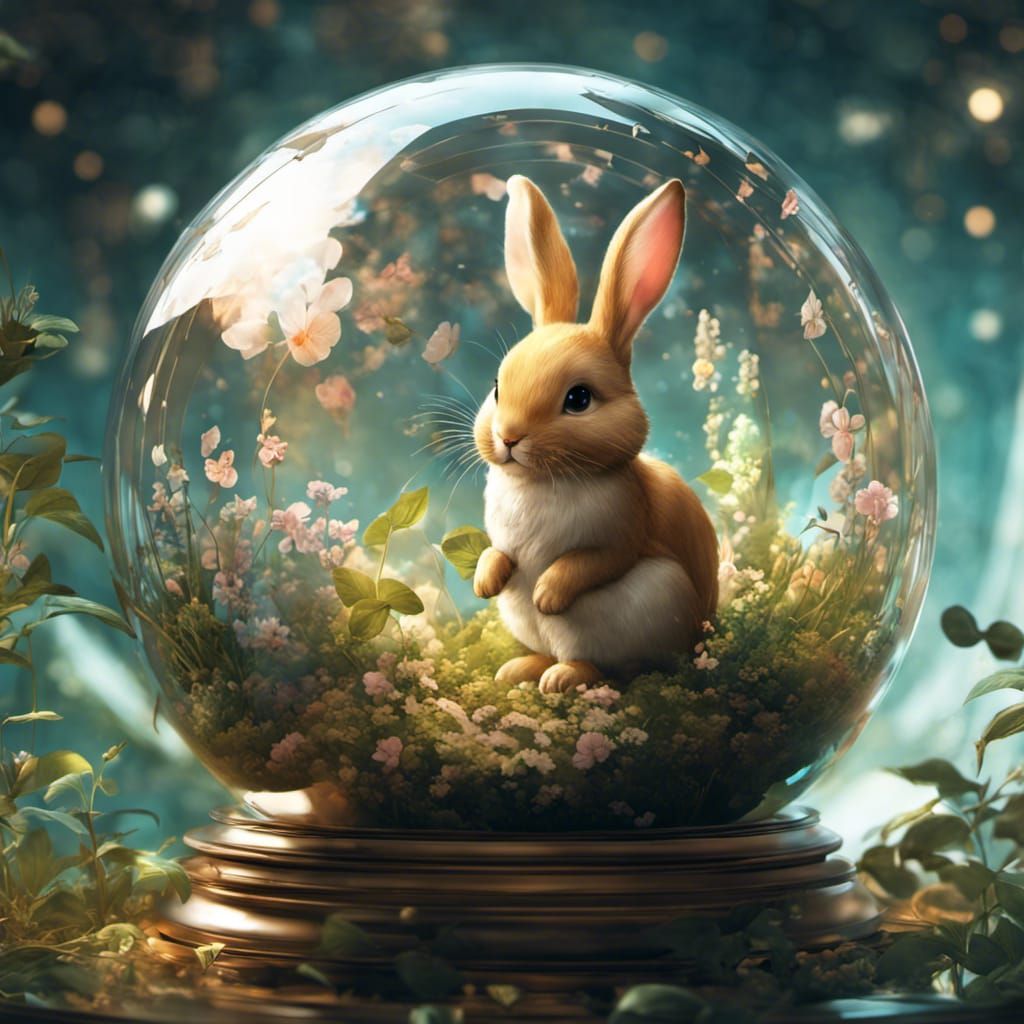 Chibi Bunny in Glass Sphere: Detailed CGI Art
