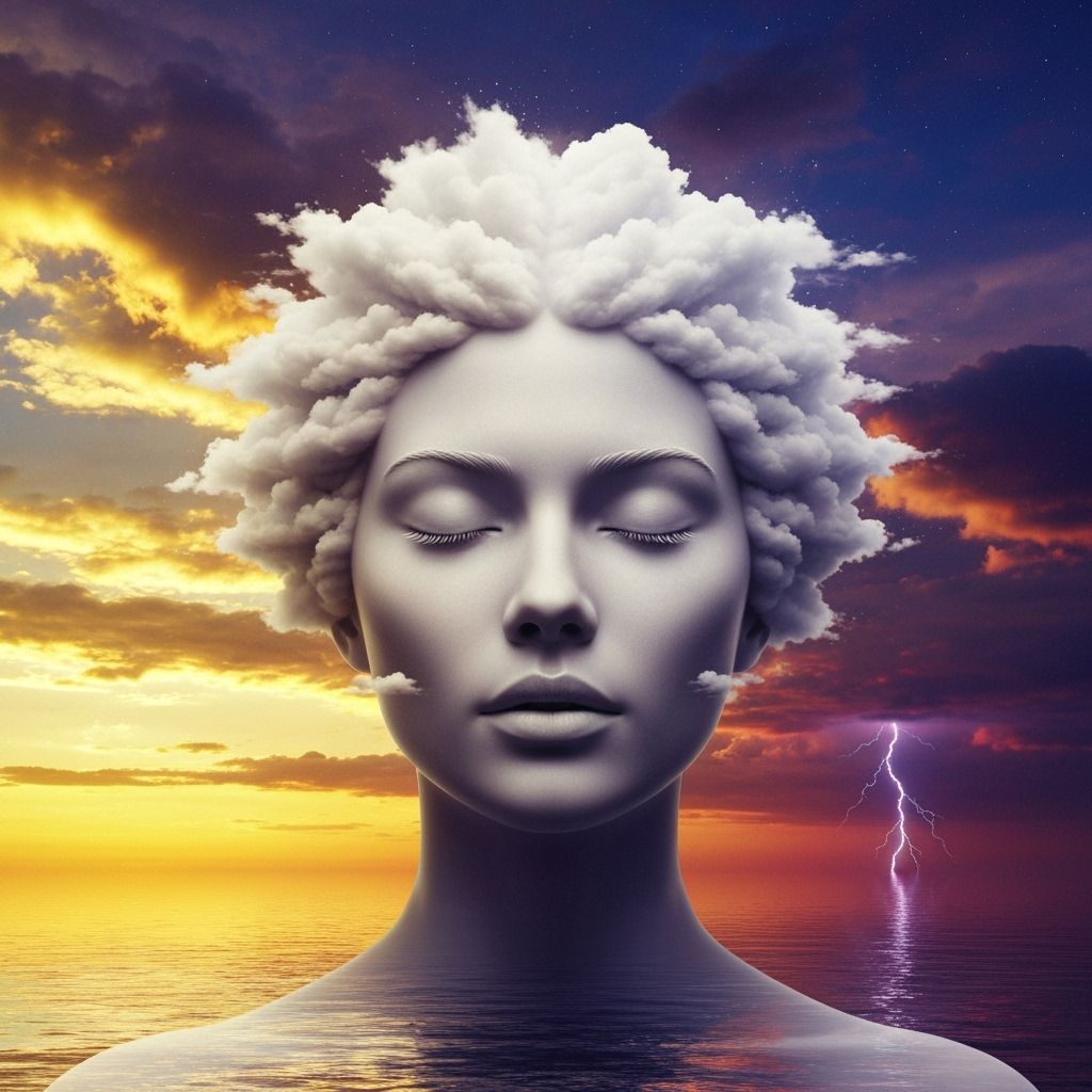 Cloud Face Sunset: Holographic Astral Cosmic Illustration