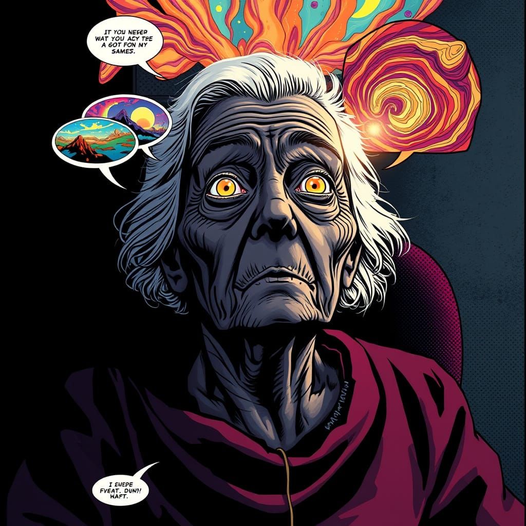 Elderly Woman's Ethereal Visions in Comic Book Style