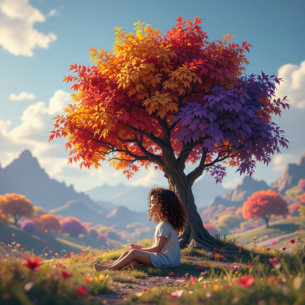 Girl Under Multicolored Tree in Epic 3D Style