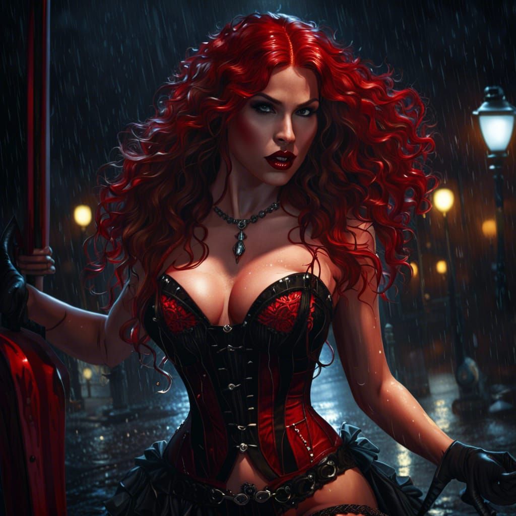 Redhead Vampire Dances Seductively in Rain at Night