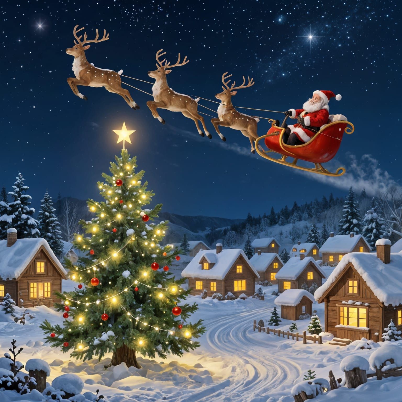 Santa Claus Flying Over Starry Night Village with Reindeer