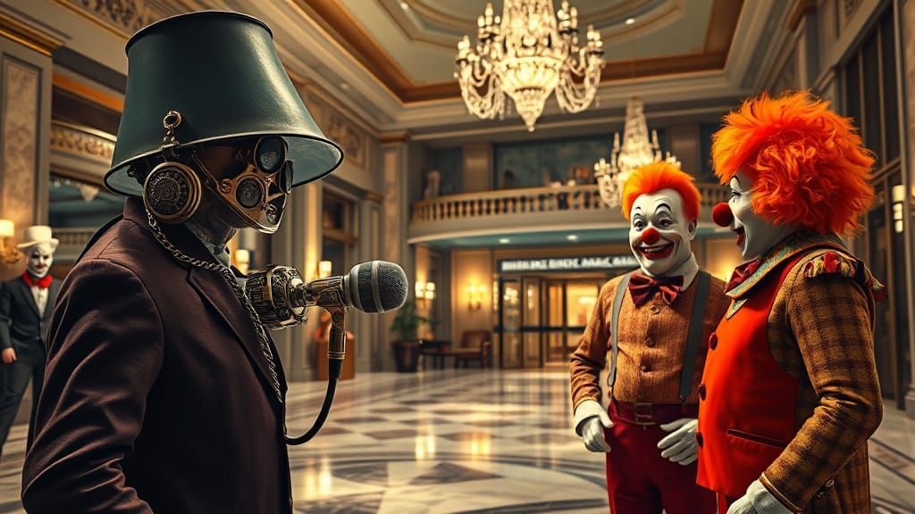 Spy Lamp Eavesdropping on Clowns in Hyperrealistic Style