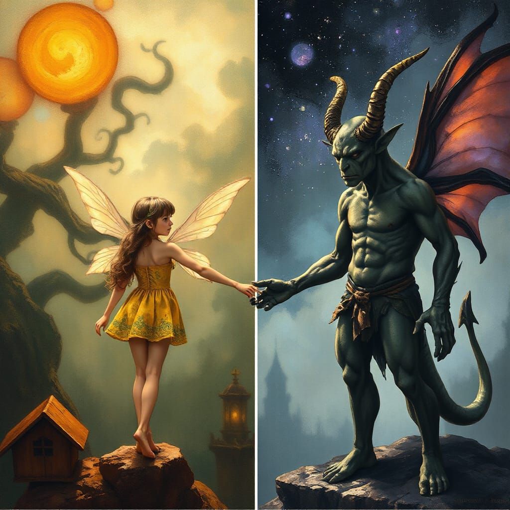 Fairy and Demon Friendship Diptych in Distinct Color Palette...
