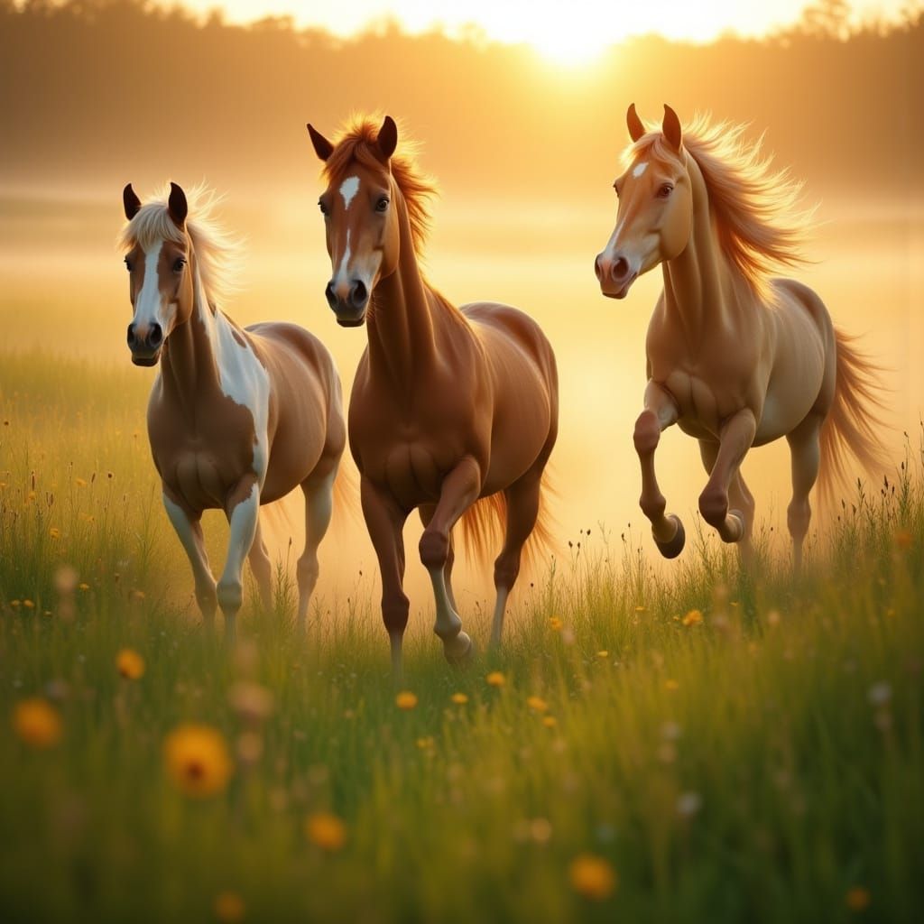 Impressionist Ponies at Sunset: A Delicate Airbrushed Scene
