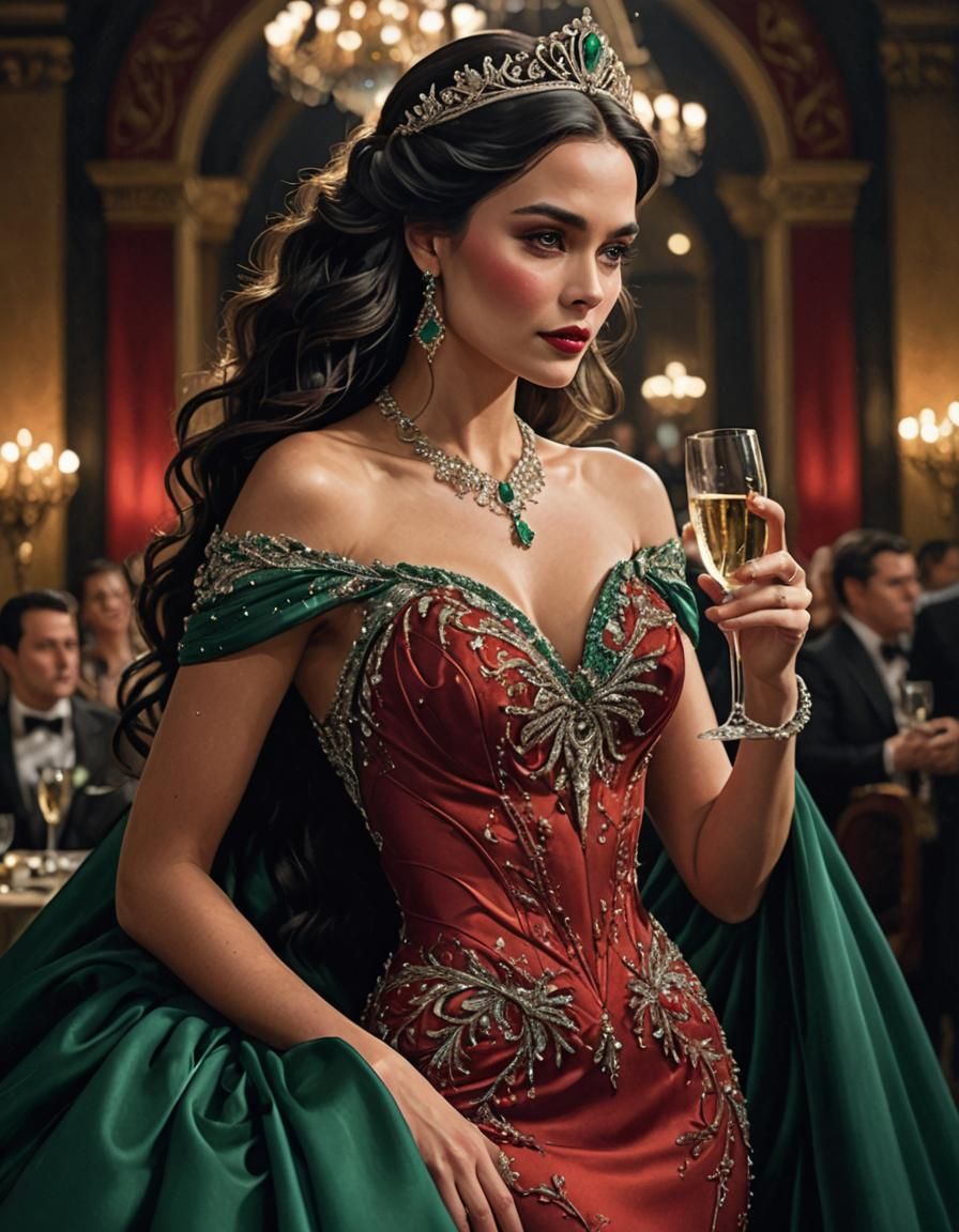 Woman in Scarlet Gown at Gala, Hyperrealistic