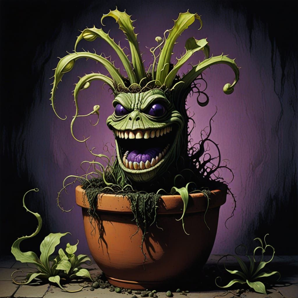 Surreal Carnivorous Plant in a Clay Pot