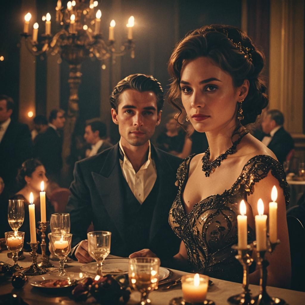 Romantic Film Still: Couple at Formal Ball