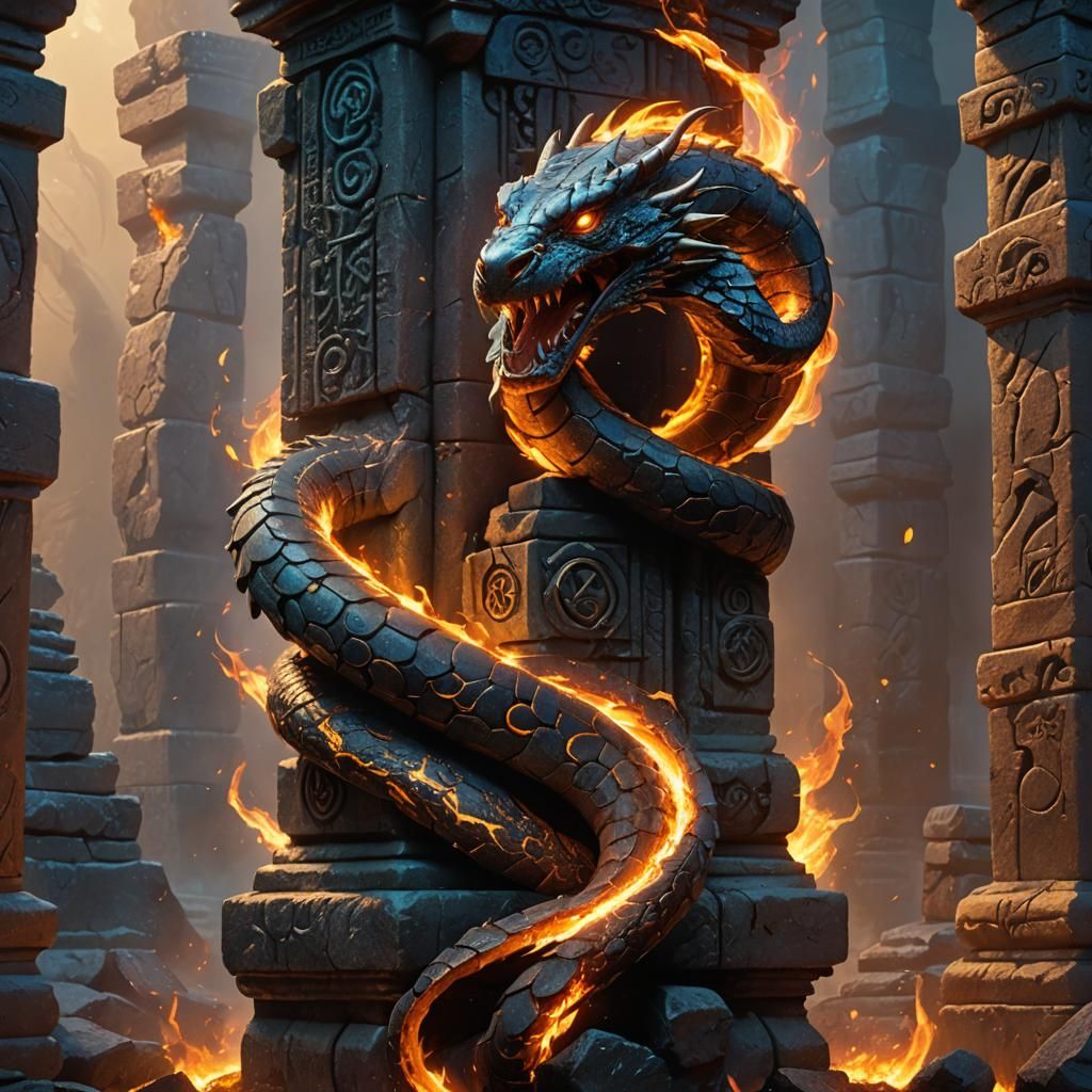 Fire Viper Coiled Around Ancient Pillar