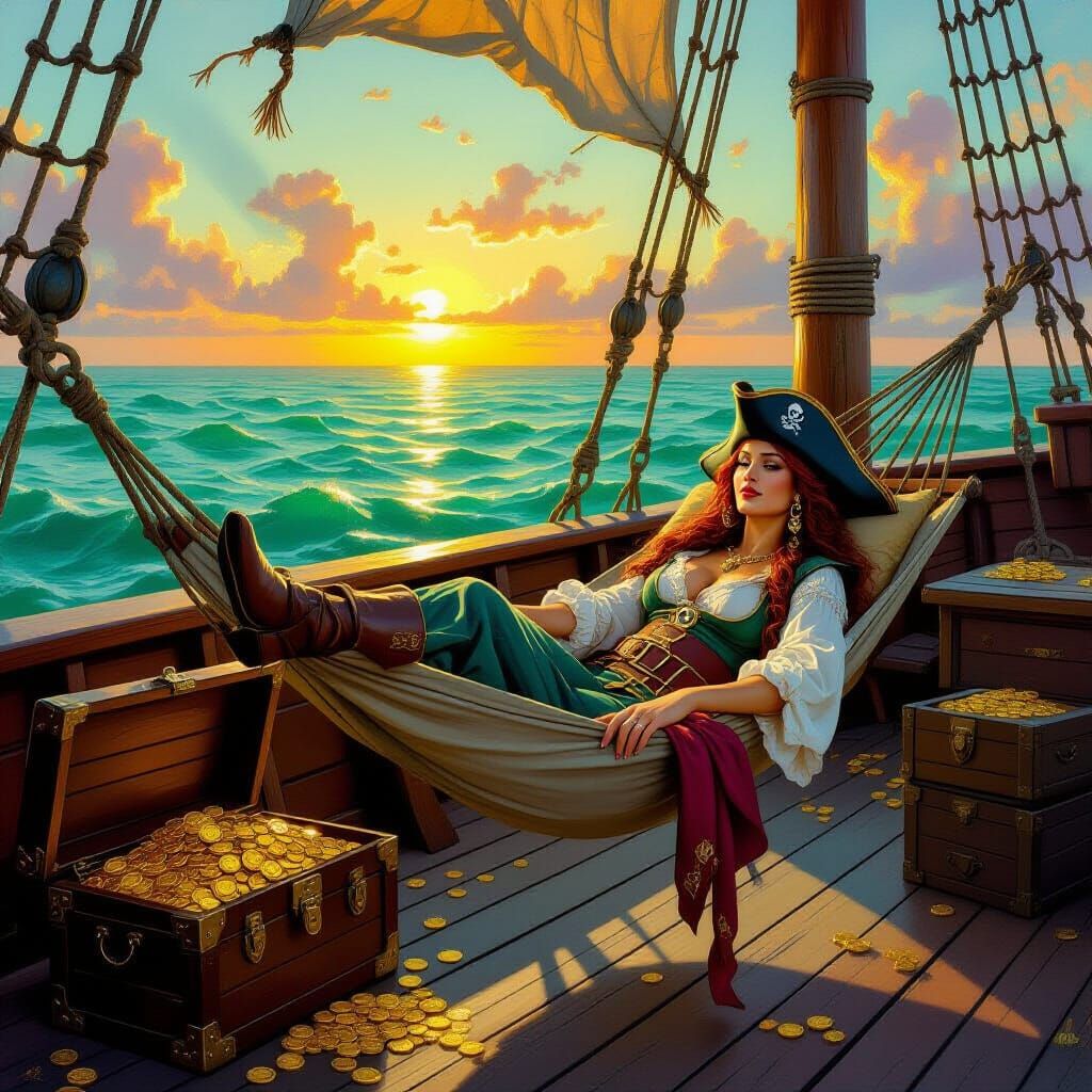 Pirate Woman Relaxing in Hammock at Sunset