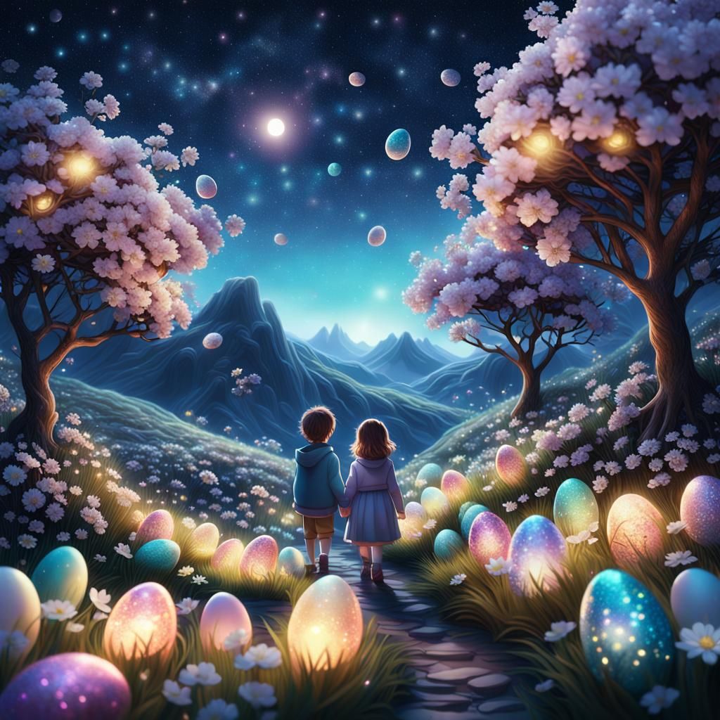 Glowing Easter Egg Hunt Under Starry Sky