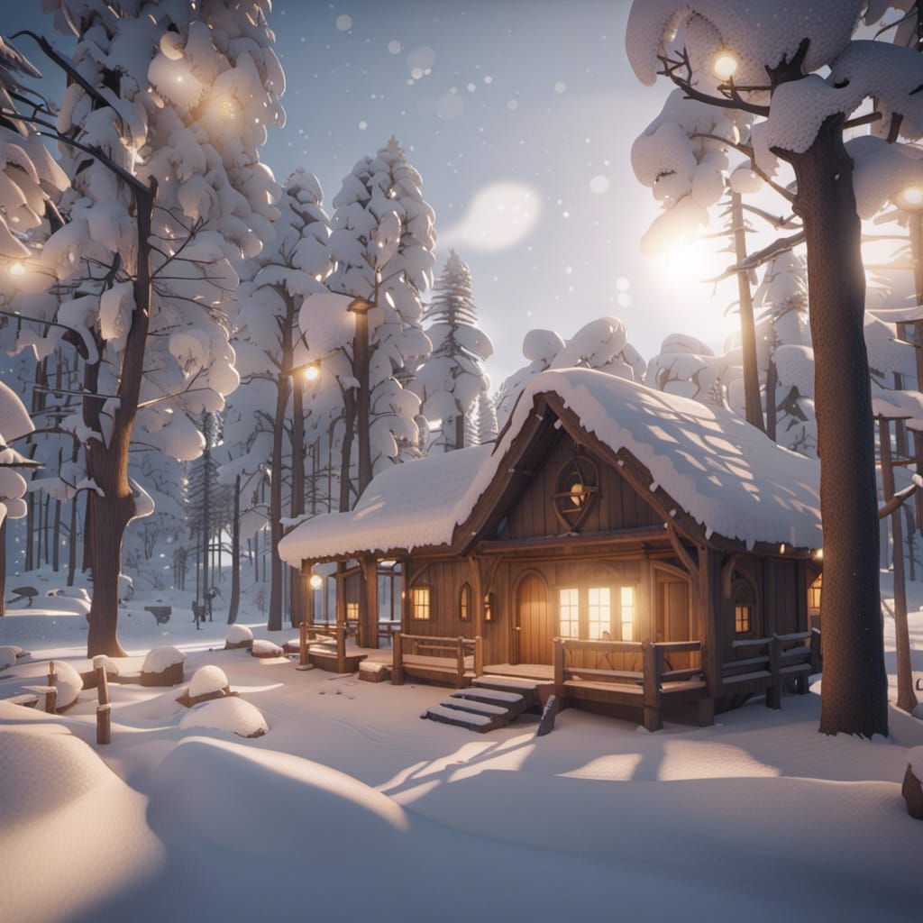 Snowy Christmas Landscape with Wooden House