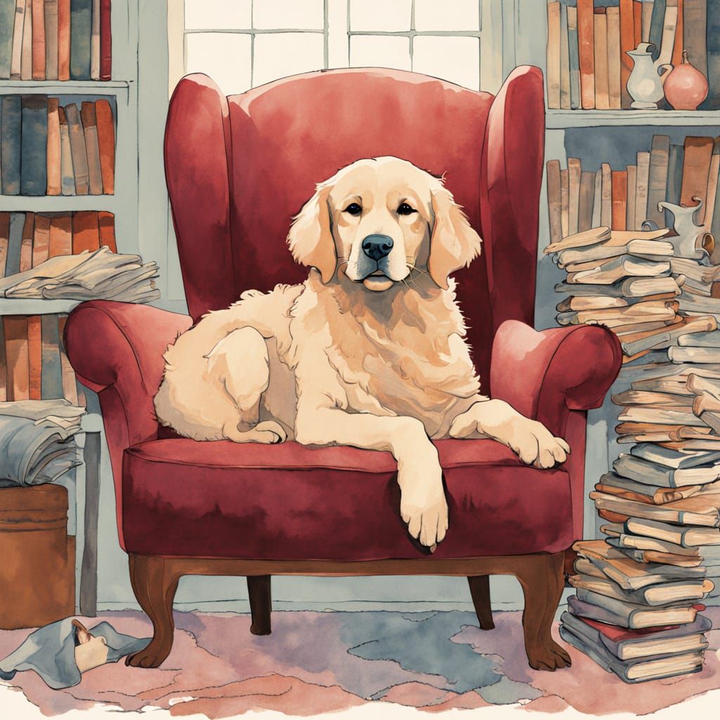 Golden Retriever Puppy in Watercolor Book Nook