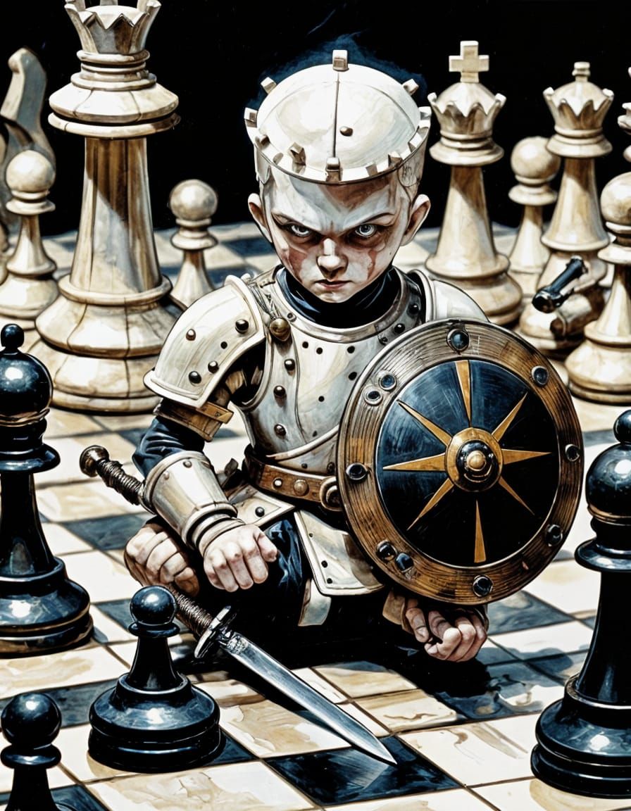 Wounded Pawn-Boy Ready for Battle on Chessboard