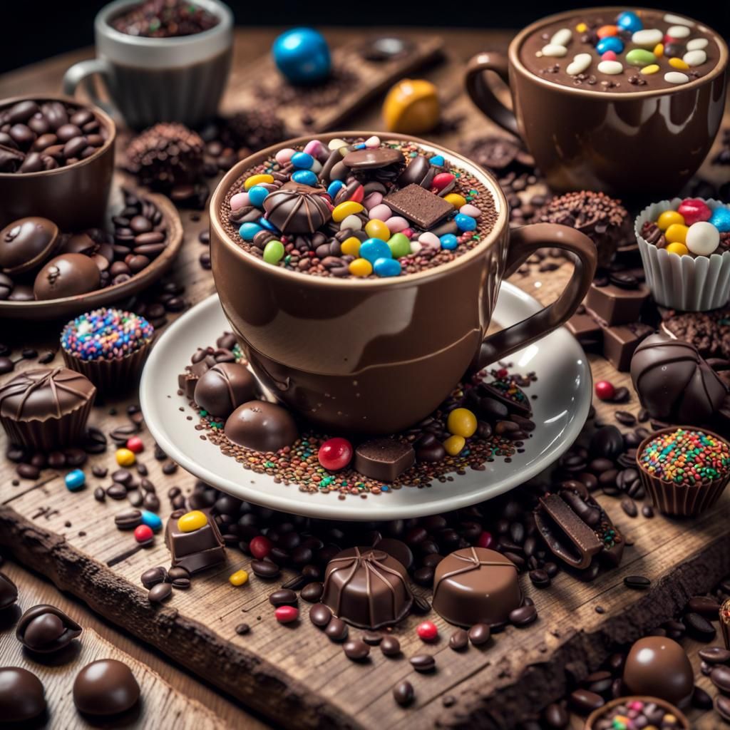 Hyperrealistic Chocolate Coffee Cup and Candies