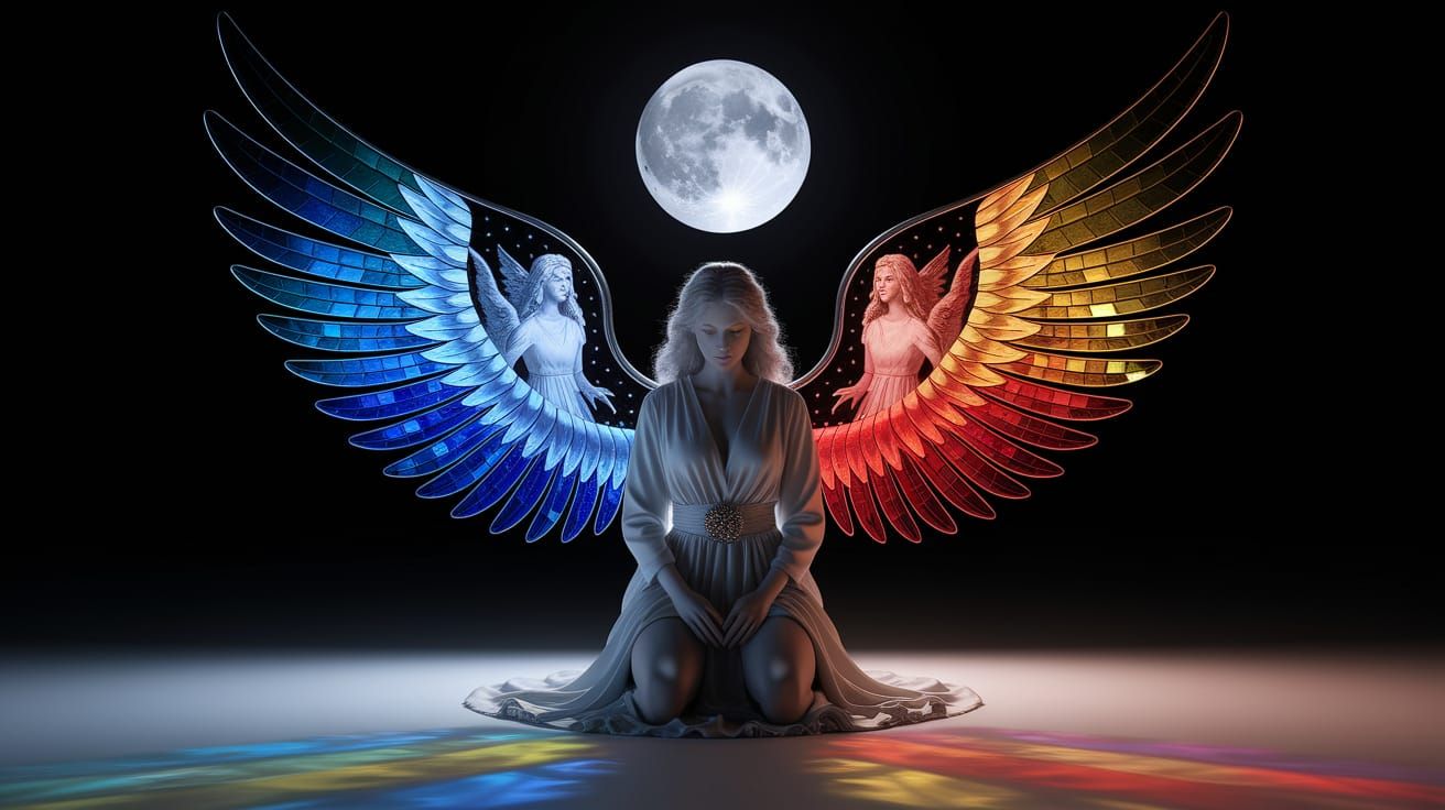 Fantasy Angel Kneeling with Stained Glass Wings