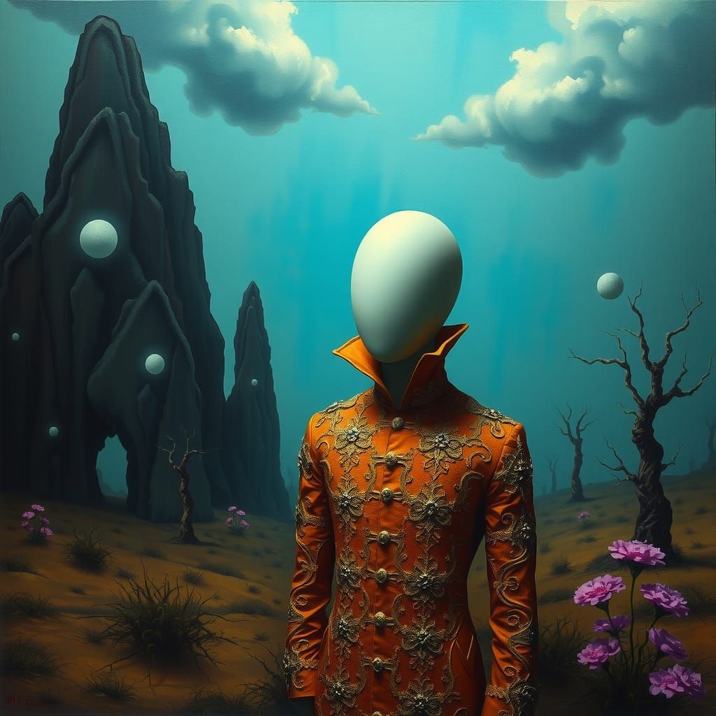 Surrealist Oil Painting in Ultramarine, Sienna, and Fuchsia