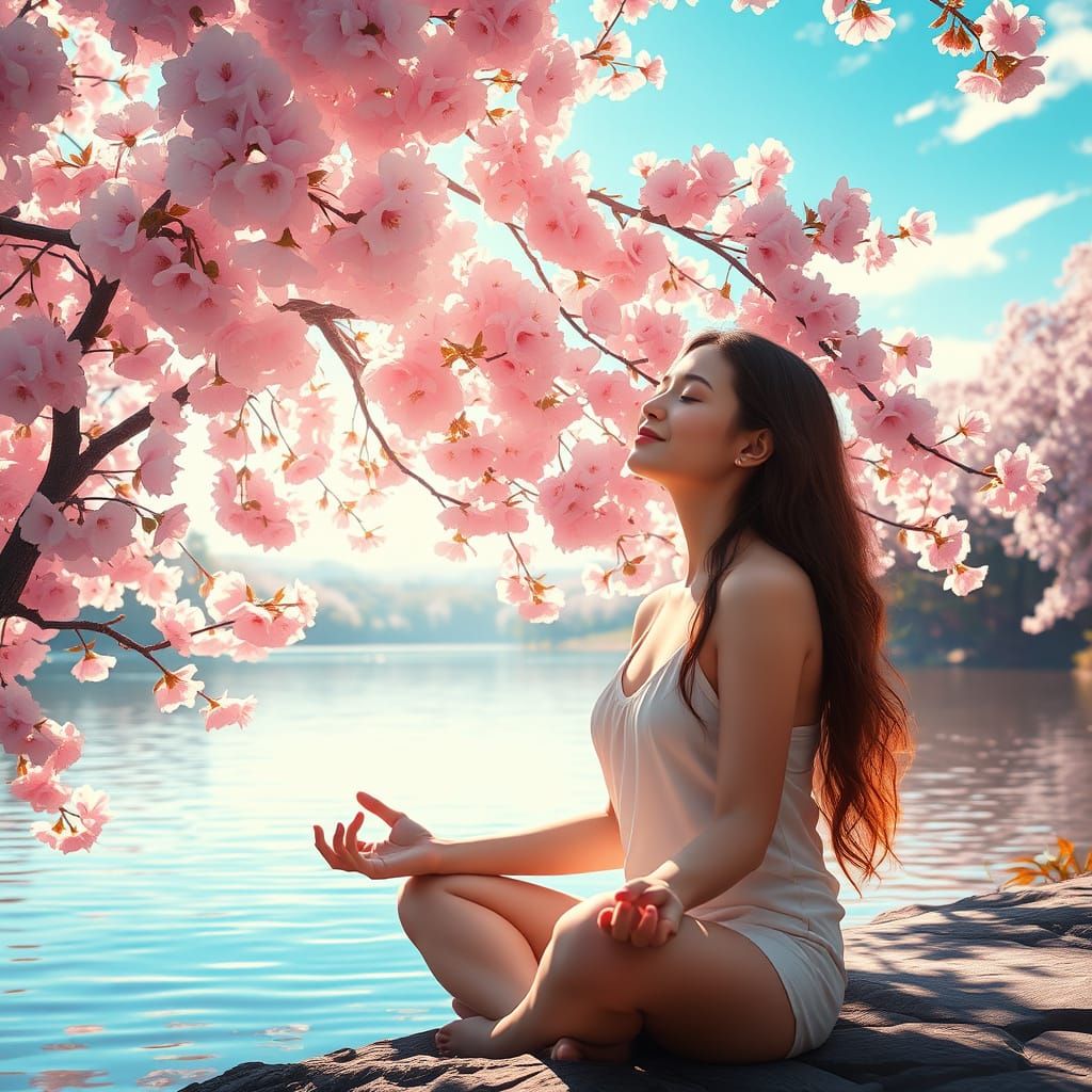 Woman Meditating Under Cherry Blossoms in Art Nouveau Style
