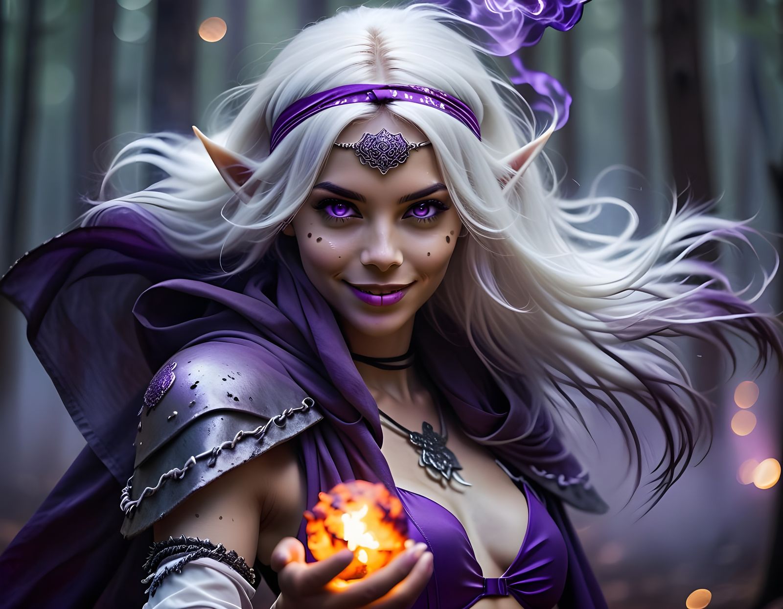Evil Elf Sorceress with Fireball in Burning Forest