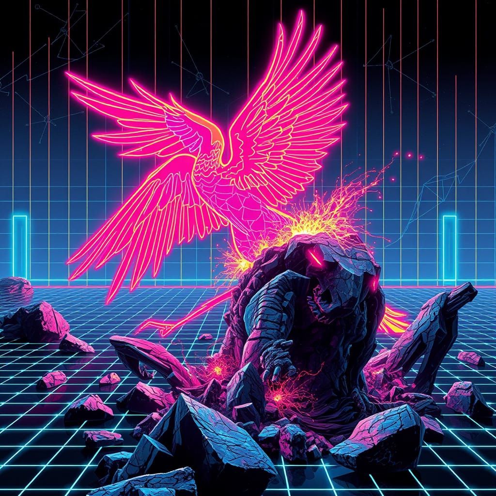 Neon Griffin Confronts Pixelated Golem in Retrofuturistic Ar...