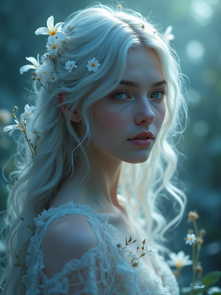 Ethereal Woman With Bioluminescent Flowers in Misty Forest